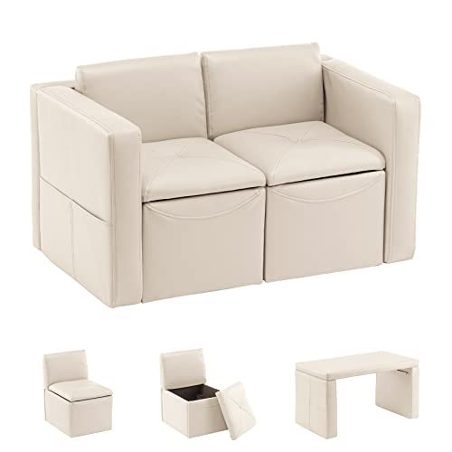 UNICOO –Kids Sofa, 2-in-1 Double Set Sofa Convert to Table & 2 Chairs, Children Boys Girls Couch Armrest Chair with Storage Box (ZKL-111K-Beige)