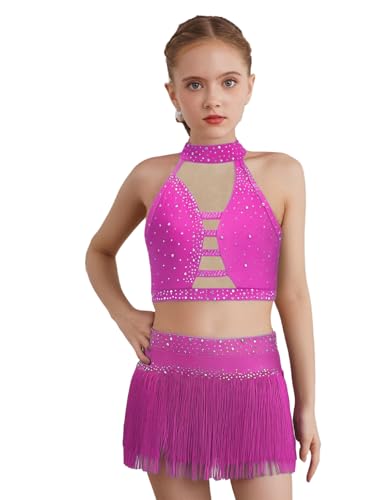 Dancewear de danse latine fille rose vif ensemble haut jupe 7-8 ans