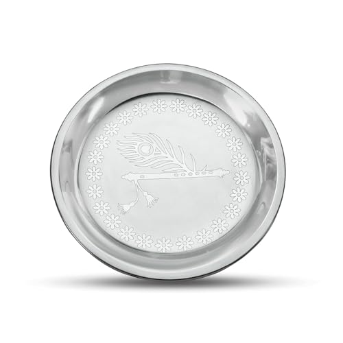 Image of Stainless Steel Laddu Gopal Bhog Thali Set of 5 - for Pooja | Hindu Puja Prasad Plate | Durable Silver Finish | Ideal for Home Temple & Festive Use | Krishna Flute & Peacock Design