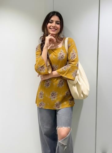 Image of ANNI Designer Women's Viscose Blend Printed Short Kurti | Straight Fit Casual Ethnic Top | Square Neck Full Sleeve Kurta Office College