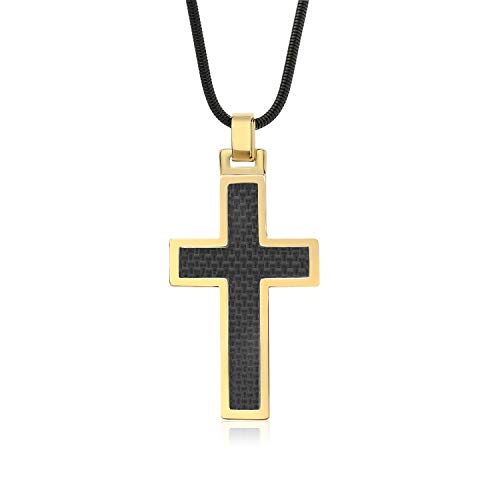Image of MZL JEWELRY Gold IP Plated Black Carbon Fiber Tungsten Carbide Cross Pendant ON Black Stainless Steel Snake Chain,99TU605X-G, TUNGSTEN CARBIDE, No Gemstone
