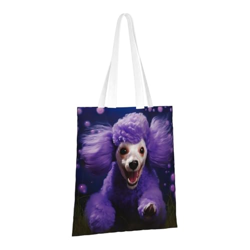 Purple Poodle Print Reusable Canvas Tote, Shopping Bag With Handles For Daily And Grocery Use2