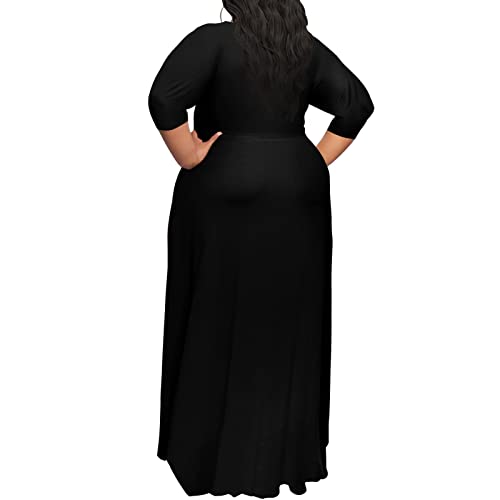 Plus Size Dress for Women - 3/4 Sleeve V-Neck Maxi Dress for Women with Belt and Pockets （2XL-6XL3