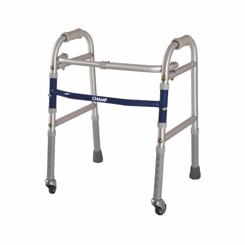 Vissco Champ Folding Walker for Childrens With Castors(Wheels), Foldable, Light Weight, Height Adjustable Walking Aid, Weight Capacity 80kg, Made with High Grade Rubber Shoes & Foam Grip -Universal(Grey)