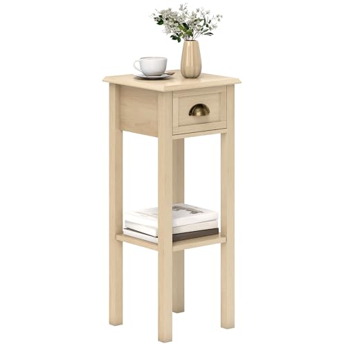 HOMCOM Mesa Auxiliar Rústica, Mesa Auxiliar para Sofá, con Cajón y Estante, Mesita de Noche para Salón, Dormitorio, 30x30x75 cm, Madera Natural