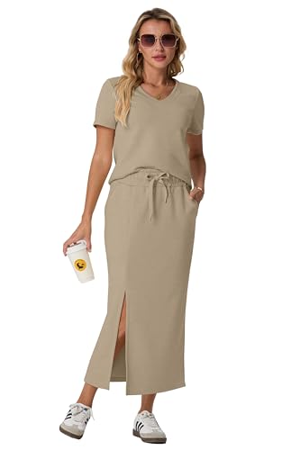 Image of GRECERELLE Women Summer Casual 2 Piece Sets V-Neck Wrinkle-Free Top & Elastic Waist Midi Side Slit Skirt with Pockets