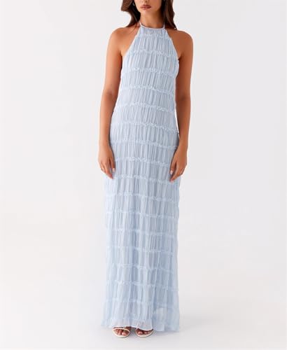 Image of Women Halter Ruched Maxi Dress Backless Sleeveless Long Dress Bodycon See Througn Pleated Sundress Beachwear