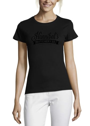 T-shirt noir Hannibal's Butchery femme en coton confortable pour éviter la chaleur