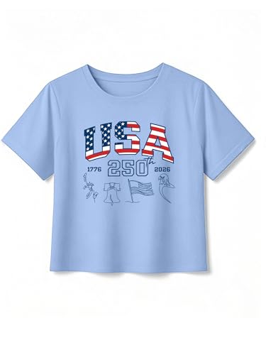 Image of VVNTY Girls American Flag Crop Tops Kids USA Crop Shirt Patriotic 4th of July Tops 5-14 Years