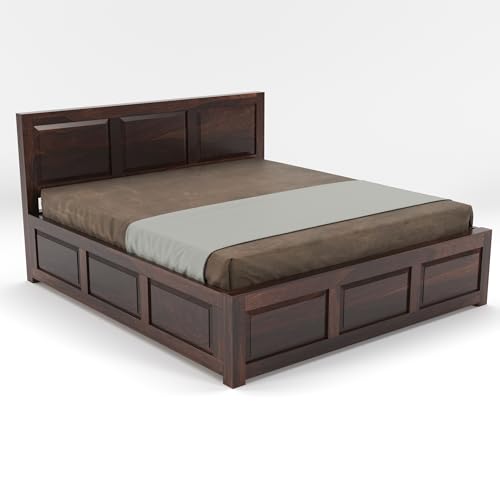 Image of Sheesham Wood King Size Bed with Storage Box | Wooden Box Bed King Size Double Cot Bed with Storage for Bedroom | Premium 3 Dalla Design Headboard Bed for Hotel, Home | Walnut Finish