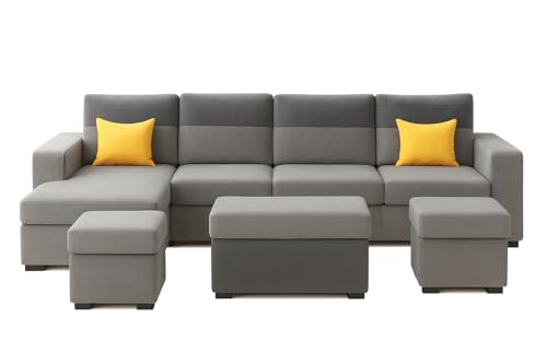 Image of FURNY Premium Christino 8 Seater Fabric LHS L Shape Sofa Set with 2 Ottoman + 1 Centre Table Ottoman for Living Room | with Velvet Fabric in Dark Grey & Light Grey