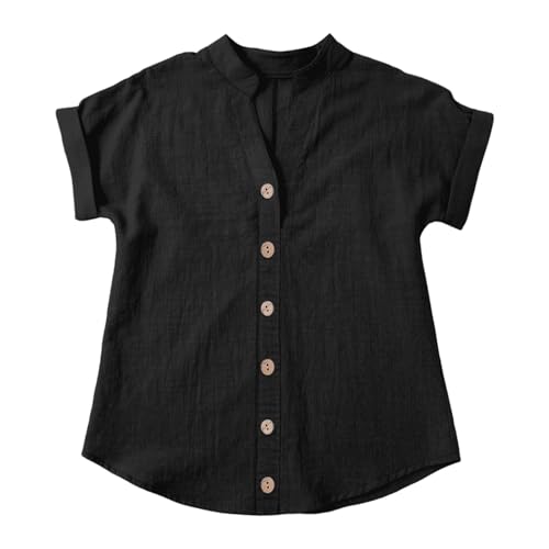 Teens Girls Shirt Short Sleeve Shirt Cotton Linen Blend Button-Down Top Kids Girls V-Neck Trendy (Black, 5-6 Years)2