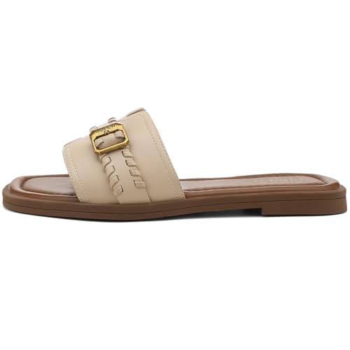 UBFEN Women's Square Toe H-Strap Slide Sandals Trendy Comfortable Summer Flat Sandals for Casual, Beach, Vacation F Khaki Women US Size 6 by UBFEN - Image 2