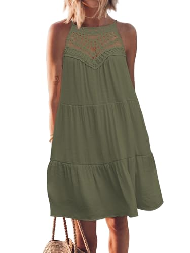 Image of FARORO Womens Sleeveless Summer Beach Short Dresses Hollow Out Halter Coverup Casual A Line Sundress with Pockets