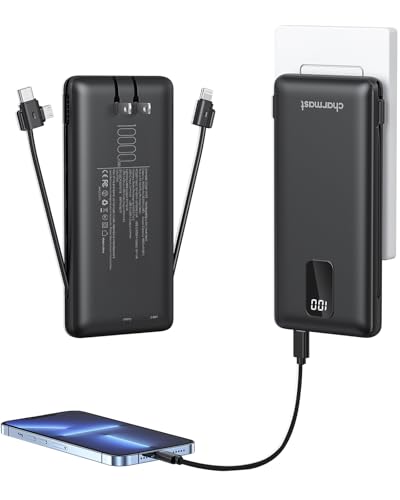 Image of charmast Portable Charger with Built-in Cables and Wall Plug, 10000mAh USB C Portable Power Bank, Potable Phone Charger, Travel Essentials Compatible with iPhones, Samsung Galaxy, iPad