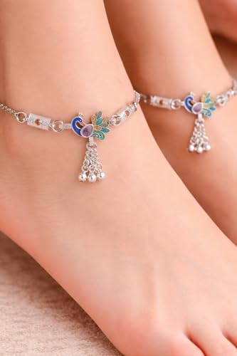 Image of Silver Polish Designer Payal for Women & Girls | Stylish Anklet with Beads & Stone Charms | Lightweight Daily Wear Anklet | Traditional & Modern Jewelry Gift
