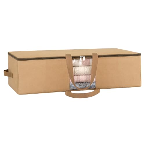 Image of Storite Canvas Underbed Storage Bag with Zipper, Clear Window & 4 Reinforced Handles | Blanket, Rajai, Quilt, Pillow, Bedsheet & Seasonal Clothes Organizer | Foldable Dustproof Storage Bag| Cream | With 4 Reinforced Handles for Rajai, Quilt, Blanket, Pillow, Saree, Bedsheet & Seasonal Clothes | 63 x 48 x 23 cm-Cream