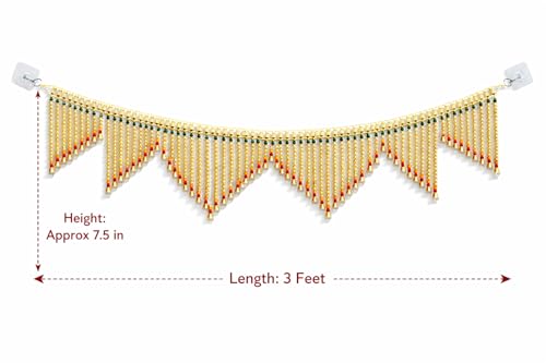 Image of Traditional Golden Beads Toran for Door | Green & Red Accent Bandarwal with Hanging Bells | 3 Feet Length, 7.5 Inch Height | Festive Door Decoration for Diwali, Pooja, Wedding & Griha Pravesh