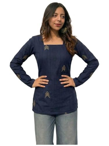 Image of ANNI Designer Women's Viscose Printed Short Kurti | Straight Fit Ethnic Top with Square Neck | Bell Sleeve Casual Indian Kurta for Office College, Party