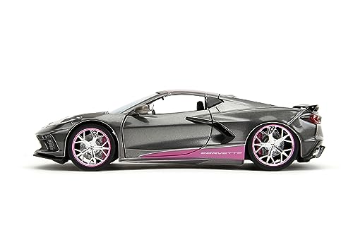 Jada Pink Slips 1:24 W2 2020 Chevy Corvette Stingray Die-Cast Car w/Base, Toys for Kids and Adults(Metallic Grey/Pink) - Image 3