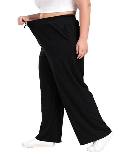 Women's Plus Size Wide Leg Pants Elastic Waist Casual Pants Summer Loose Fit Sweatpants with Pockets Drawstring3