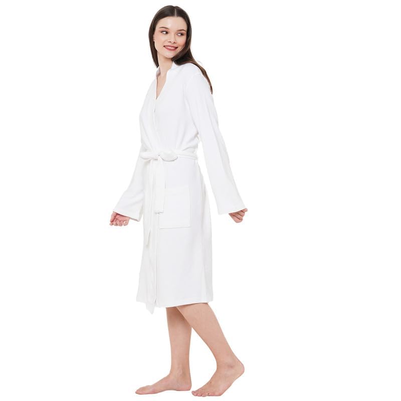 Image of Inner Sense Organic Cotton Bathrobe For Women I V Neck, Relaxed Fit and Knee Length I Soft, Comfortable, Adjustable Waist Belts I White Bath Dress For Women