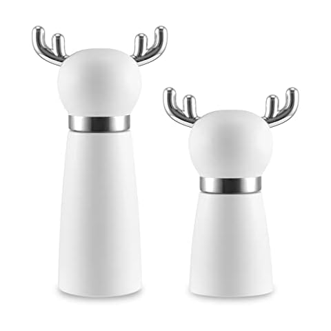White Wooden Deer Shaped Manual Salt & Pepper Mill Set 2 Piece Set Wooden Salt Mills with Adjustable Ceramic Grinder Refillable Pepper Mill Cover