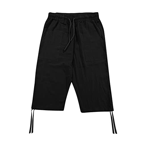 Capri Pants Men Loose Fit 3/4 Summer Drawstring Casual Trendy Pant Basic Solid Color Classic Trousers with Pockets3