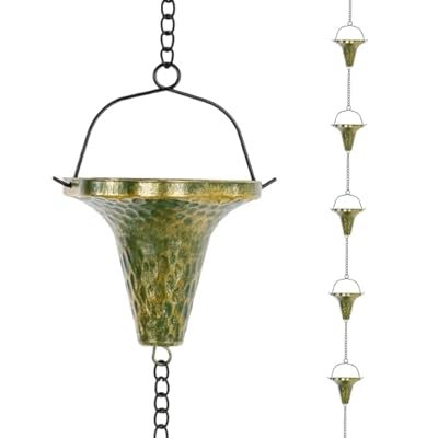 giole 9.7ft Rain Chain, Rain Chain for Outside with 10 Funnel Shaped Cups Adjustable Metal Chain Rain Catcher Chain for Gutters, Eaves, Drains, Replacement Downspouts (Green)
