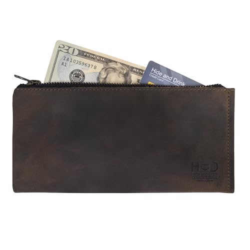 Hide & Drink, Rectangular Wallet with Inner Card Slots, Zippered Bag, Rustic Card Holder, Travel Accessory, Full Grain Leather, Handmade, Bourbon Brown