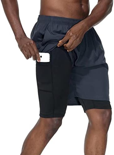 HMIYA Herren 2 in 1 Shorts Fitness Sporthose Kurz Jogginghose Schnelltrocknende Laufhose mit Kompressionsshorts und Taschen Reißverschlussfach