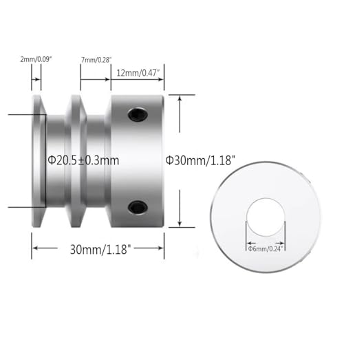 CHANCS V-förmige Riemenscheibe 30mm OD 6mm(1/4) Doppelrillenscheibe mit festem Durchmesser für Motorantriebsrad 6mm(1/4) PU-Rundriemen