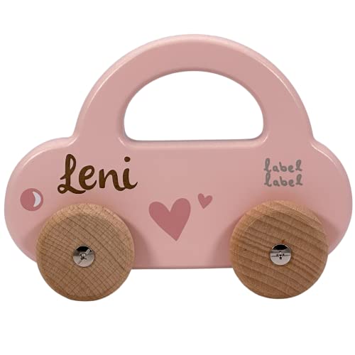 KIDSLINO Holz Spielzeug Auto rosa - personalisierbar I Geschenk zur Geburt & Taufe I Handmade Holzspielzeug ab 1 Jahr I Personalisierte Geschenke Baby I Holzauto mit Name & Geburtstdaten
