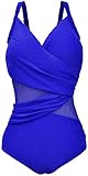 Ocean Plus Damen Figurformender Netzartiger Asymmetrie Badeanzug Unifarben Mesh Hochgeschlossen Netz One Piece Übergröße Bademode Große Größen (4XL (EU 46-48), Träger Saphirblau)