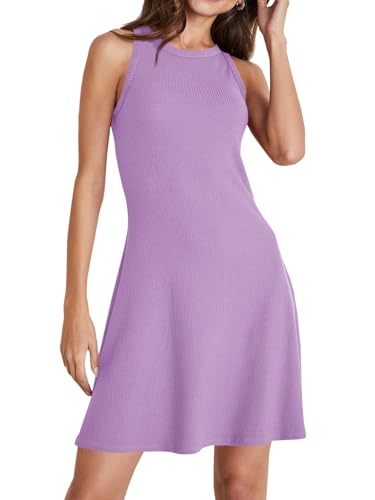 Image of Wenrine Womens Summer Casual Tank Dress Ribbed Knit Sleeveless Crewneck A Line Mini Dresses