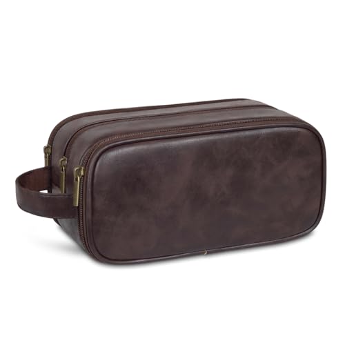 FL FantasyLinen Travel Toiletry Bag for Men Personalized Leather Dopp Kit Bathroom Toiletries Organizer Cosmetic Bags with Side Handle
