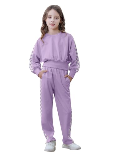 Kids Fall 2 Piece Outfits Girls Crop Long Sleeve Sweatshirts and Sweatpants Set with Pockets (5-14 Years)