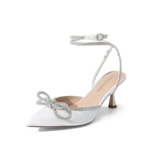 DREAM PAIRS Kitten Heels Rhinestone Bow Ankle Strap Stiletto Pointed Closed Toe Heels for Women Pumps Wedding Bridal Party Dress Shoes