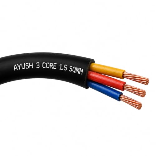 Image of 3 Core x 1.5 Sqmm Flexible Copper Wire | ISI Certified | FR PVC | 10 Meter | Black | Round Electrical Cable for AC, Water Pump, Refrigerator, Washing Machine & Home Wiring