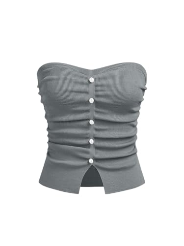 Image of CIDER Faux Pearl Tube Tops for Women Split Hem Knit Crop Y2K Going Out Tops | Cute Ruched Tops, Spring Summer Outfits, Vacation, Concert