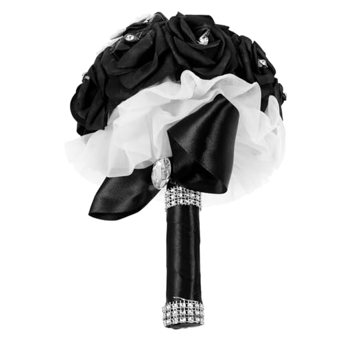 BESPORTBLE Artificial Rose Wedding Bouquet, Wedding Bouquet for Bride Black Flowers Bridesmaid Toss Bouquet with Diamond Ribbons Fake Flower Hand Bouquets for Wedding, Engagement, Church