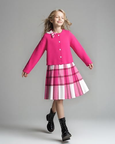 Image of PureChapter Girls' Preppy Clothes Plaid Vest Dress Cardigan Jacket Belt Cute Kids Clothes 7-14Y Green