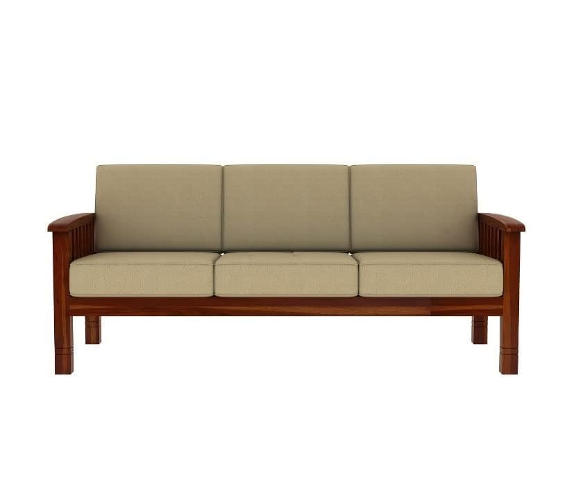 Image of 5 Seater Solid Sheesham Wood Sofa Set for Living Room | 3+1+1 Wooden Sofa Set | Sofa Set Furniture for Home with Cushions, Honey Finish,Brown