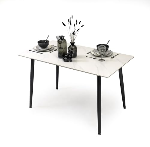 Homely® | Mesa de Comedor Cairo PK 120x70 cm. Tapa Porcelánico | Acabado Efecto Mármol Blanco Mountain | Patas Metálicas Negras | Mesa cerámica Cocina, Comedor, Escritorio (Blanco)
