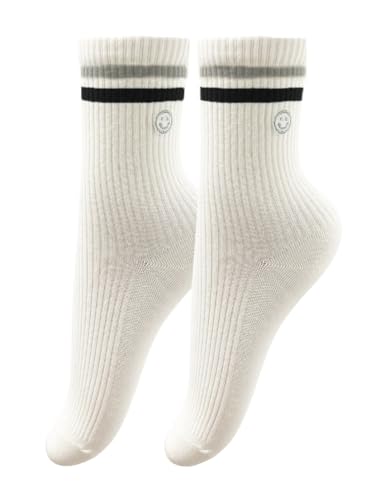 Image of Womens Solid Color Two Stripe Crew Socks Casual Athletic Smiling Face Ankle Socks for women Girls