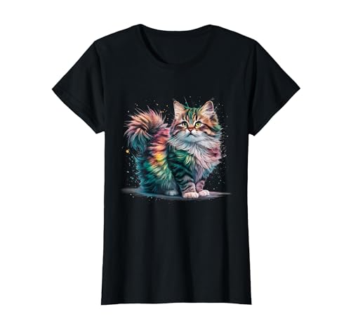 Cat Men Women Colourful Watercolour Cat T-Shirt, Women, Black, Large