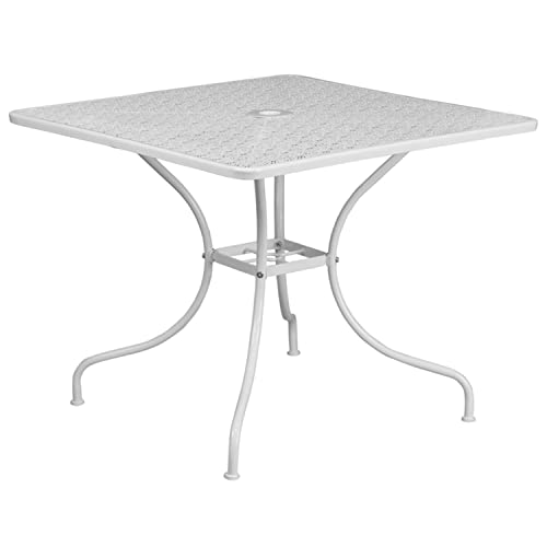 Flash Furniture Oia Commercial Grade 35.5 Square White Indoor-Outdoor Steel Patio Table with Umbrella Hole