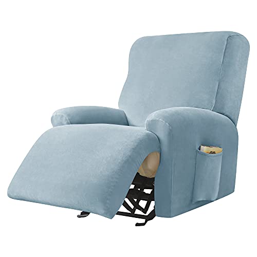 CONRUSER Recliner Chair Covers, 4-Piece Velvet Stretch Recliner Slipcover Single Seat Couch Cover Soft Furniture Protector with Pocket (Light Blue)