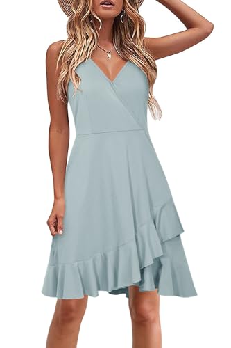 Image of ULTRANICE Womens Summer Dresses Floral V Neck Ruffled Hem Spaghetti Spring Casual Beach Outfits Flowy Wrap Sun Dress