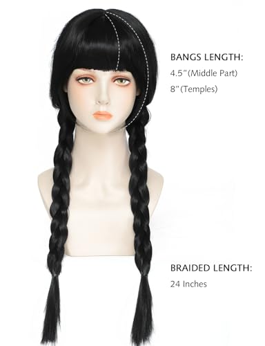 Image of Rose bud Wednesday Addams Cosplay Wig Long Hair Heat Resistant Adjustable Fit 23 Inches Double Braided Black Wigs With Bangs for Halloween Cosplay